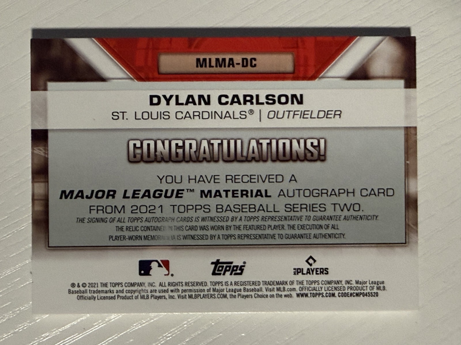 Dylan Carlson 2021 Topps Major League Material Patch Auto 08/25 Cardinals view 2