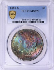 1881 S Morgan Dollar $1 PCGS MS67+ Plus Rainbow Toned Monster Color Insane Coin