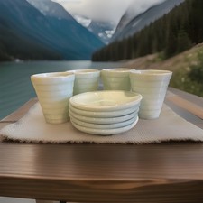 4 Akro Agate 2" Tumblers Glasses  2-1/2  Plates 5 - White w/minor green veining