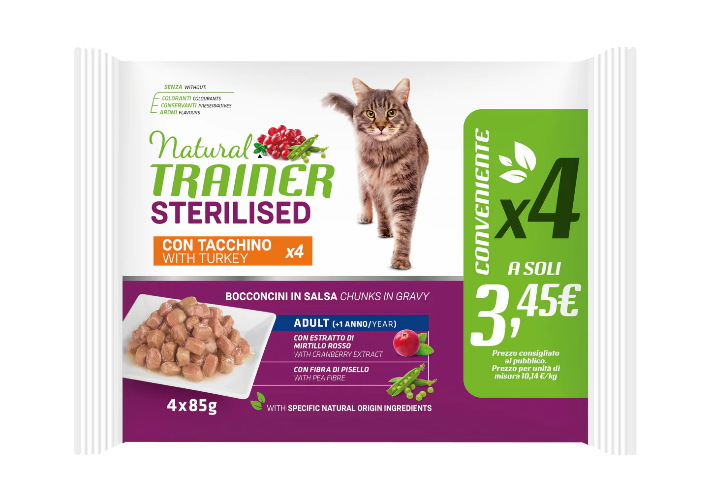 NATURAL TRAINER GATTO STERILIZZATO FLOW PACK 4 X 85 GR CON TACCHINO.