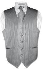 Men's Dress Vest  NeckTie SILVER GREY Vertical Striped Design Gray Neck Tie Set