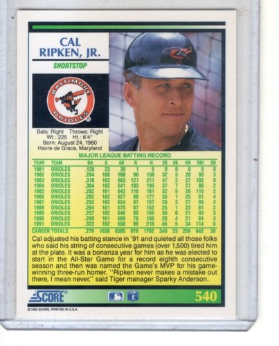 1992 Score - Cal Ripken #540 - Bild 2 von 2
