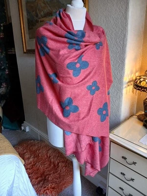 Cashmere/Cotton Floral Print Pink/Blue Shawl Generous Size Lovely VGC - Image 1 of 4