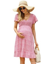 Women's Maternity Ruffle Short Sleeve Smocked Summer V Neck Casual Dress