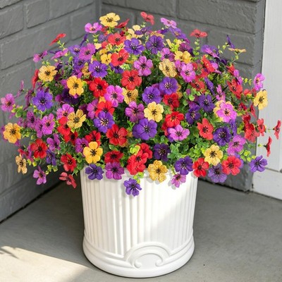 Artificial Flowers for Outdoors Potted Spring Decor, 12 Bundles Fake Summer D...