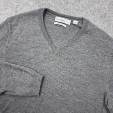 Calvin Klein Sweater Mens Medium Gray Extra Fine Merino Wool V Neck Pullover