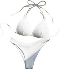 Costume da Bagno Donna Due Pezzi Bikini Push Up Ferretto Catenelle Oro XL Bianco
