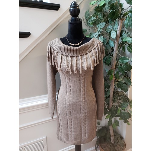 Cozy Casual Sweater Dress Women's Large Brown Geometric Cowl Neck Long Sleeve - Picture 2 of 12