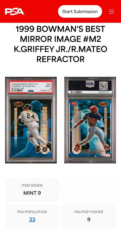 Bowmans Best Mirror Image Refractor 1999 Ken Griffey Jr/Mateo PSA 9 Mariners Foto 3 de 4