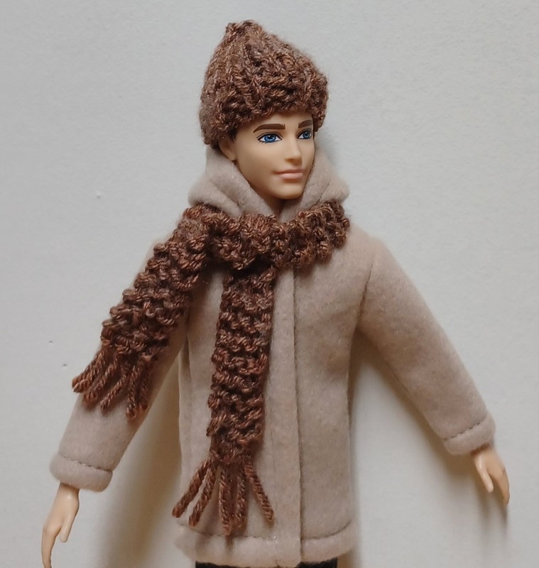 Ken 12" Doll Clothing Tan Fleece Jacket plus hand knit Brown Tweed Hat and Scarf