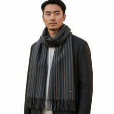 Men  s Scarf John Ashford Lined Blue Gray Fringe Knit Striped NEW NO TAGS