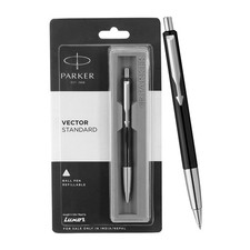 12 X Parker Vector Standard Black Glossy Body Chrome Clip Ballpens, Blue Ink