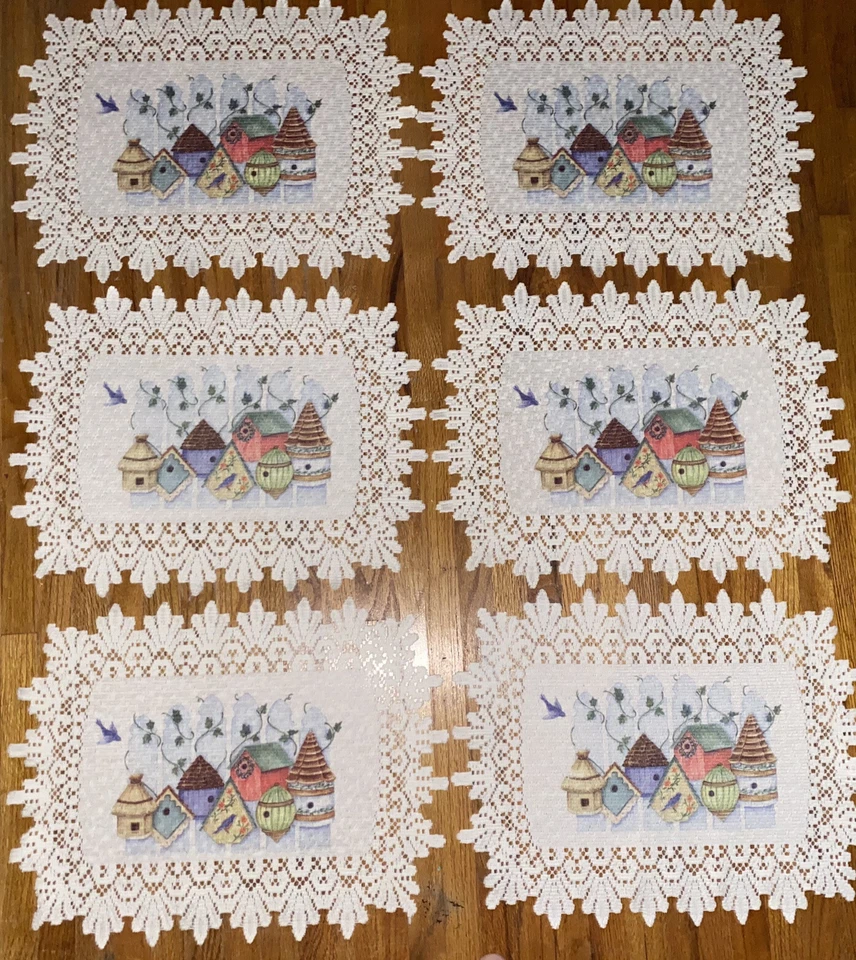 Vintage SET of 6 BIRDHOUSE LACE BORDER Doilies Bluebird & Ivy on Fence - Image 3 of 4