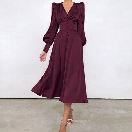 Women Satin Long Dress V-Neck Button Puff Sleeve Party Elegant Autumn Ball Gown - Picture 6 of 19