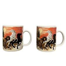Tienshan Vintage Mugs Stoneware Horses Western Desert Sunset Cactus Set of 2