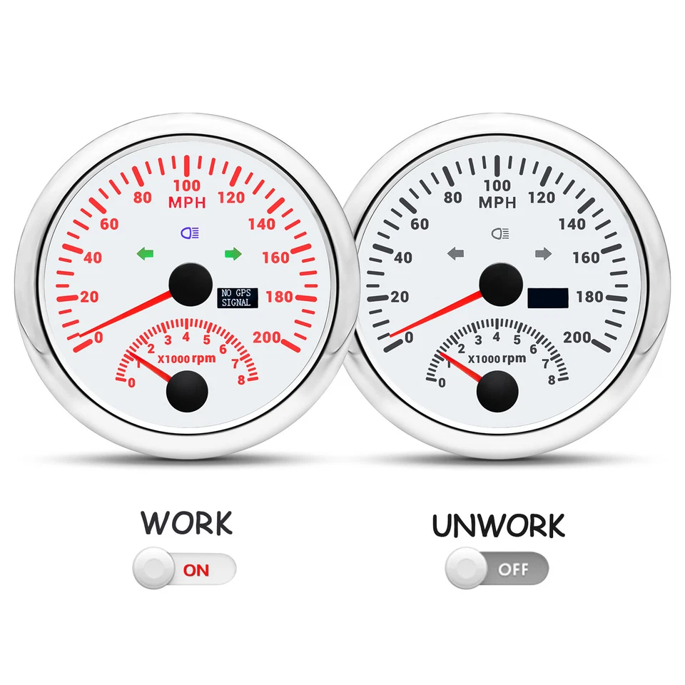 2 Gauge Set 85mm White GPS Speedometer 200MPH W/Tacho/Fuel/Temp/Oil/Volt Gauge  - Image 2 of 4