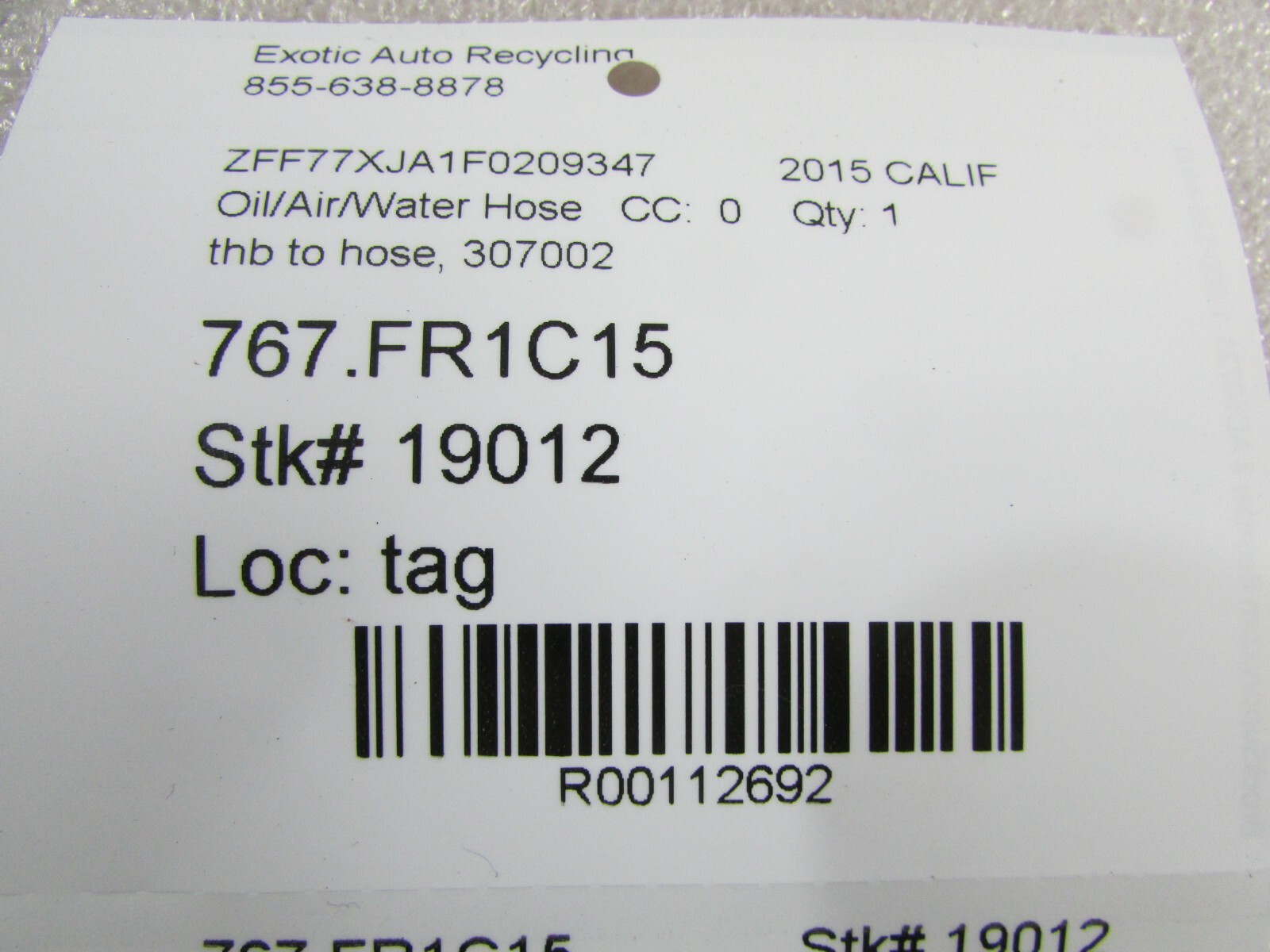 Ferrari California T, THB, Throttle to Body Hose, Used, P/N 307002