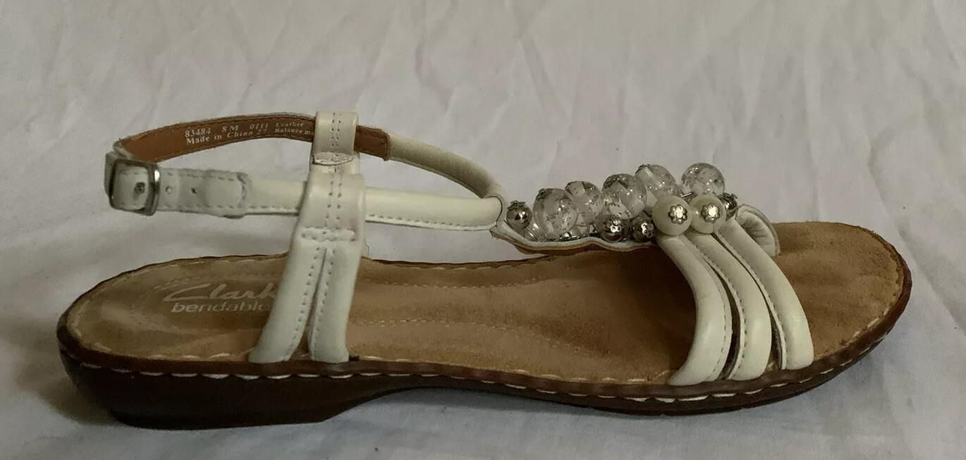 Clarks Bendables Women’s White Leather Beads Ankle Strap Sandals Size 8
