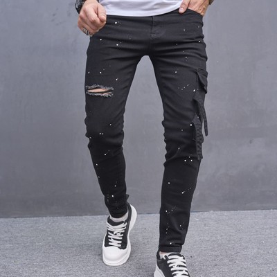 New Style Jeans for Men Solid Color Spotted Holes Motorcycle Trend for Men