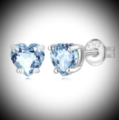 Blue Topaz Heart Shaped 6mm Stud Earrings 925 Sterling Silver Genuine Stone NEW