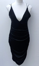 MissGuided Black Velvet Bodycon Midi Dress Ruched Sides - Size UK 8