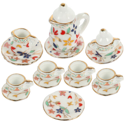 Mini Porcelain Tea Cup Set with Saucers & Teapot - Floral Design-QH - Afbeelding 1 van 12