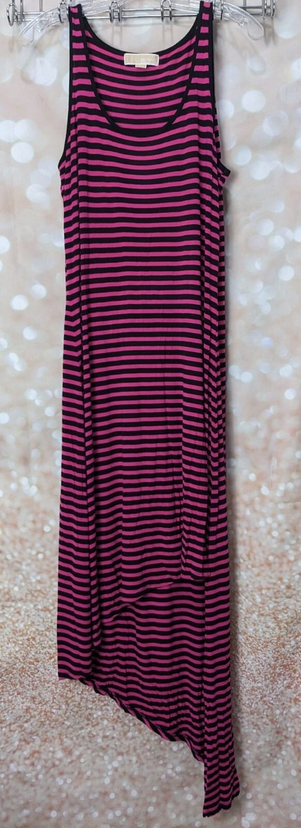 Michael Kors Women's Pink Black Striped Sleeveless Asymmetrical Hem Dress  Sz L