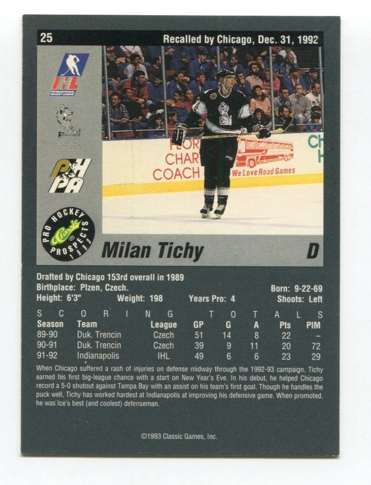 1993 Classic Pro Prospects Milan Tichy Signed Card Hockey NHL Autograph AUTO #25 - Image 2 of 2