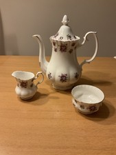 Royal Albert Sweet Violet Coffee pot with Cream jug and Sugar bowl