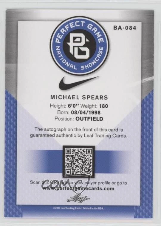 2016 Leaf Perfect Game National Showcase Yellow /25 Michael Spears #BA-084 Auto - Image 2 of 2