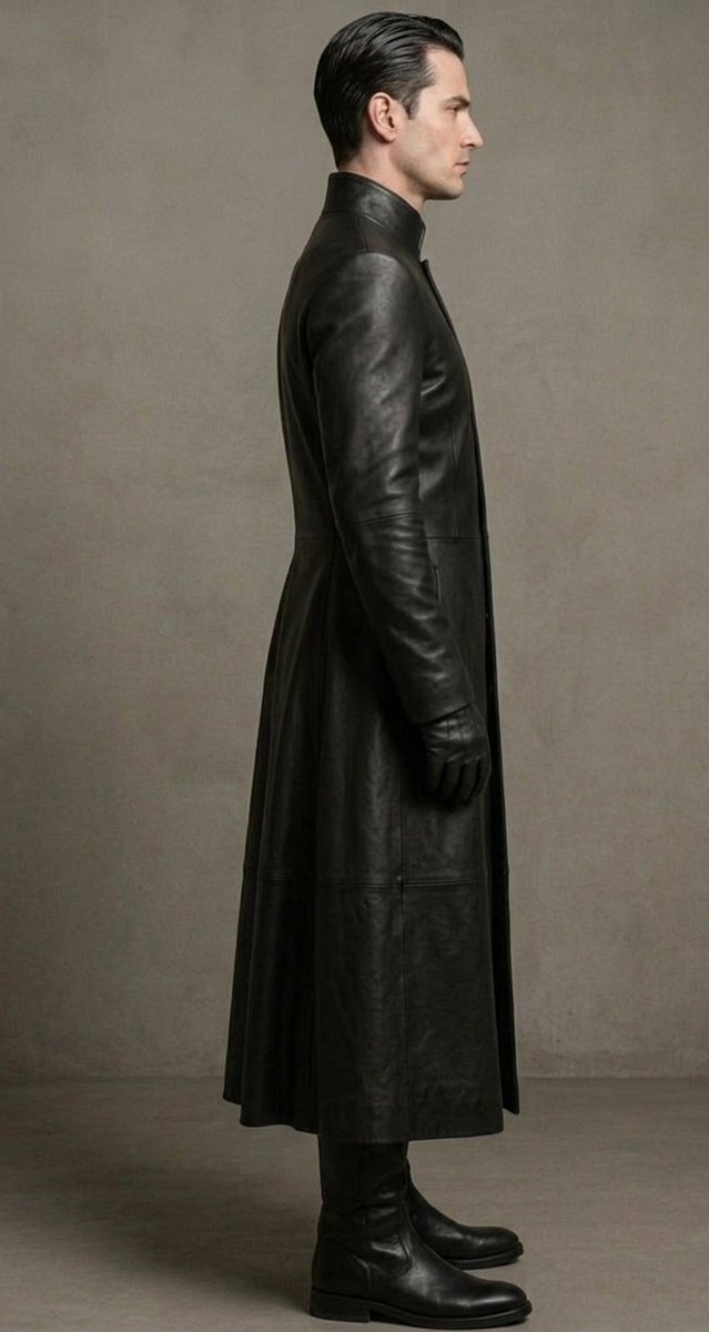 Handmade Mens Black Leather Trench Coat Matrix Neo Inspire Long