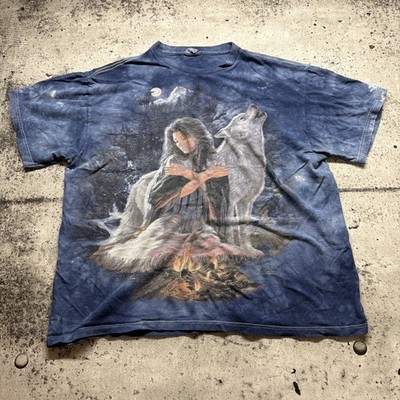 Vtg Native American Woman The Mountain T-Shirt XL Tie Dye Wolf Howling Moon Tee