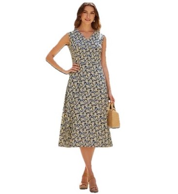 Weekend Max Mara S Small Floral Tie Waist Dress Yellow Blue White Stretch 4 6
