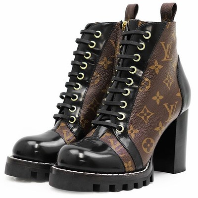 LOUIS VUITTON Boots StarTrail Line Size 37 Women LV Monogram SideZip LaceUp BLK