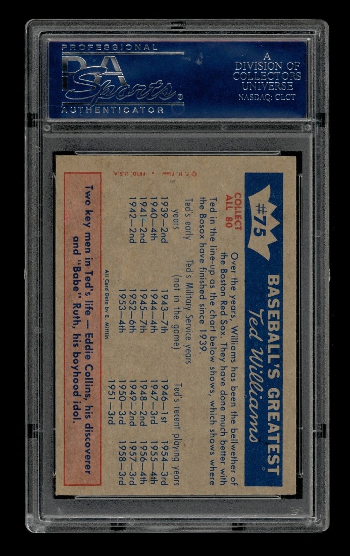 1959 Fleer Ted Williams Set-Break # 75 Williams' Value To Red Sox PSA 8 NM-MT view 2