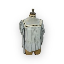 Antique Vintage Edwardian Soft Blue Velvet Trim Clip Dot High Neck Blouse 6 8