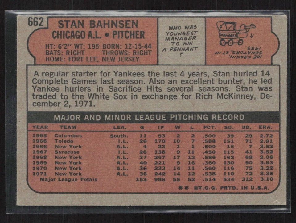 1972 Topps - Stan Bahnsen #662 - Set Break!! EX (Combined Shipping) - Image 2 of 2