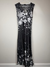 Designer Komarov Sleeveless Crinkle Maxi Dress Black White Floral Tie Back PXL