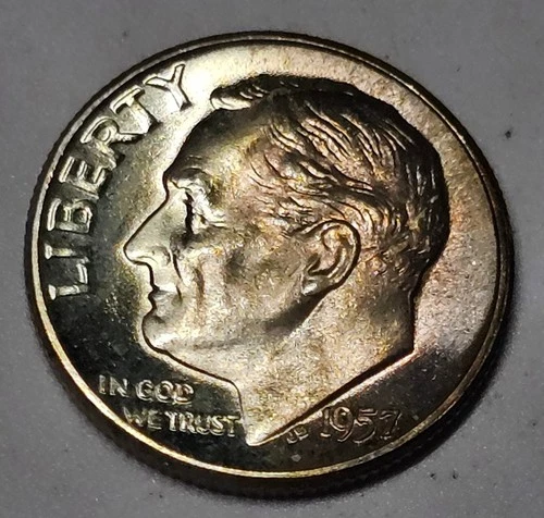 1957 Roosevelt Dime – Brilliant Uncirculated - 90% Silver Dime -Rainbow Toned