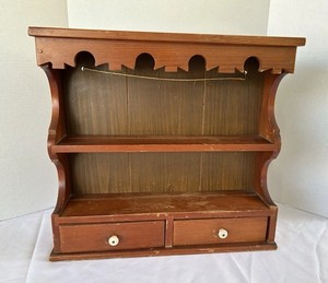 Vintage 15.5" Tall Wood Trinket Hanging wooden Wall 2 Shelf 2 Drawers
