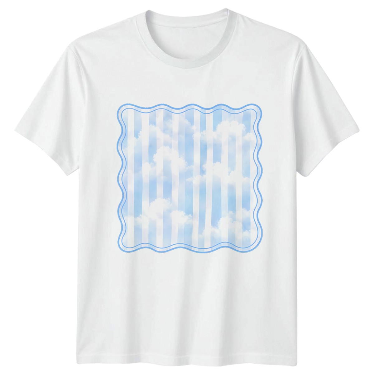 Camiseta Azul Blanco Nubes Rayas Ondulada Preppy Azul Nubes Estética Verano Regalo