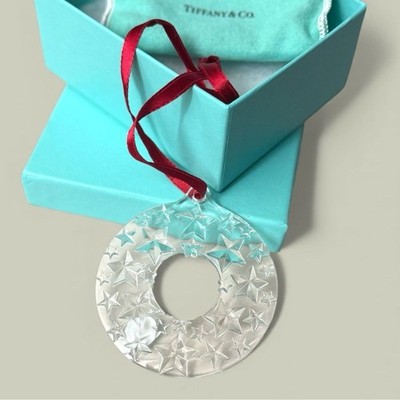   Tiffany & Co Star Wreath Etched Crystal Christmas Ornament Germany Mint in Box