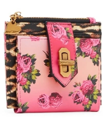 Cartera Betsey Johnson Kitsch Leopardo Floral Doble Plegable Cierre Giratorio Oro Rosa Foto 2 de 4