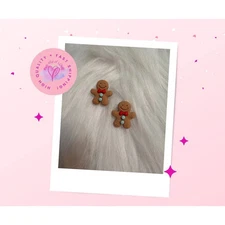 Gingerbread Man with red bow and blue buttons Stud Earrings