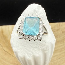 Silver Tone Light Blue Rectangle CZ Cocktail Ring Size 7.25