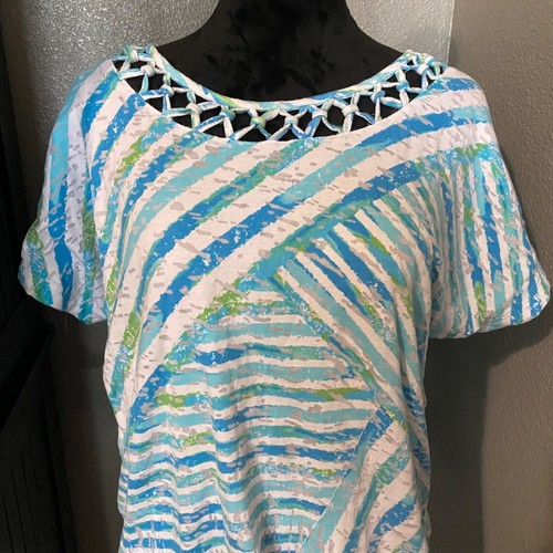 Alfred Dunner Blouse Womens Medium Multicolor Striped Lattice Neck Casual Top - Picture 2 of 8