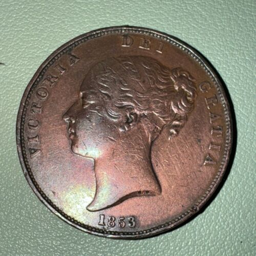 Coin, Great Britain, Victoria, Penny, 1853, XF Copper, KM739 Details Rim - Afbeelding 1 van 6