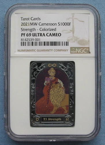 2021 Cameroon 1000 Francs Tarot Card Strength XI Black Proof 28g Silver NGC PF69