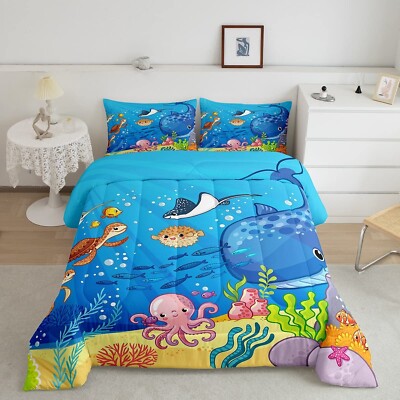 Marine Animals Comforter Set Full,Shark Octopus Turtle Coral Bedding 