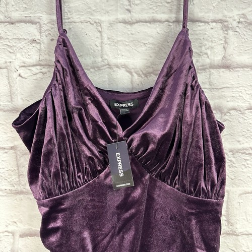 Express Damen großer Body lila Crushed Samt Spaghettiträger Rüschen Druckknopf - Bild 3 von 7